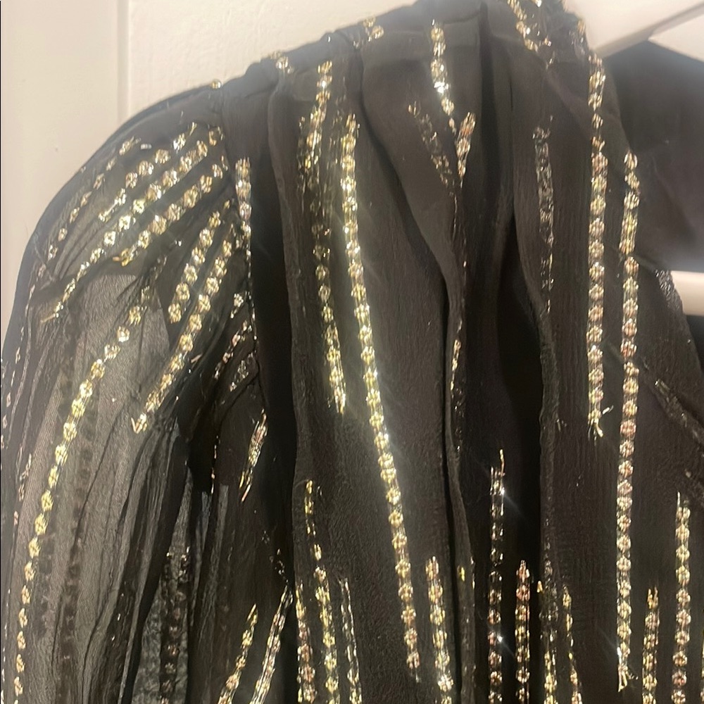 Black and Gold Plunge Neck Bishop Sleeve Evening Dress - Picture 9 of 15
